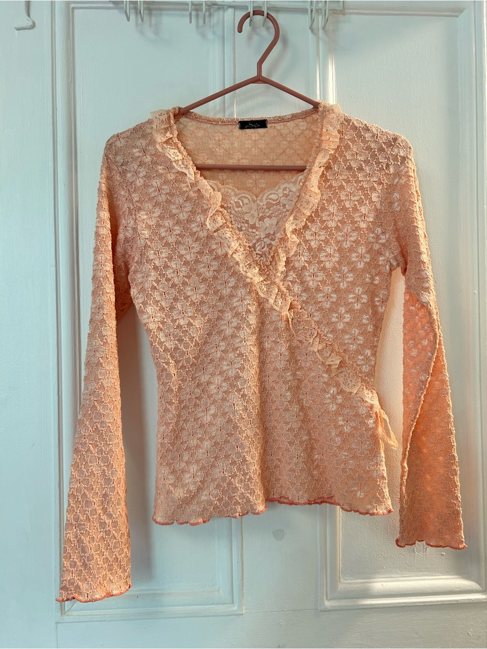 Pink Lace Wrap-Style Long Sleeve Top